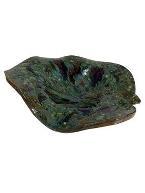 Vintage Ceramic Pottery Green Multi-Color Large Leaf Bowl Artist Signed